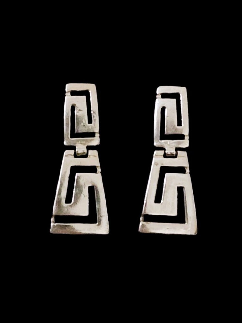 Vintage 1980s Sterling Silver Greek Key Meander Hinged Dangle Earrings 925